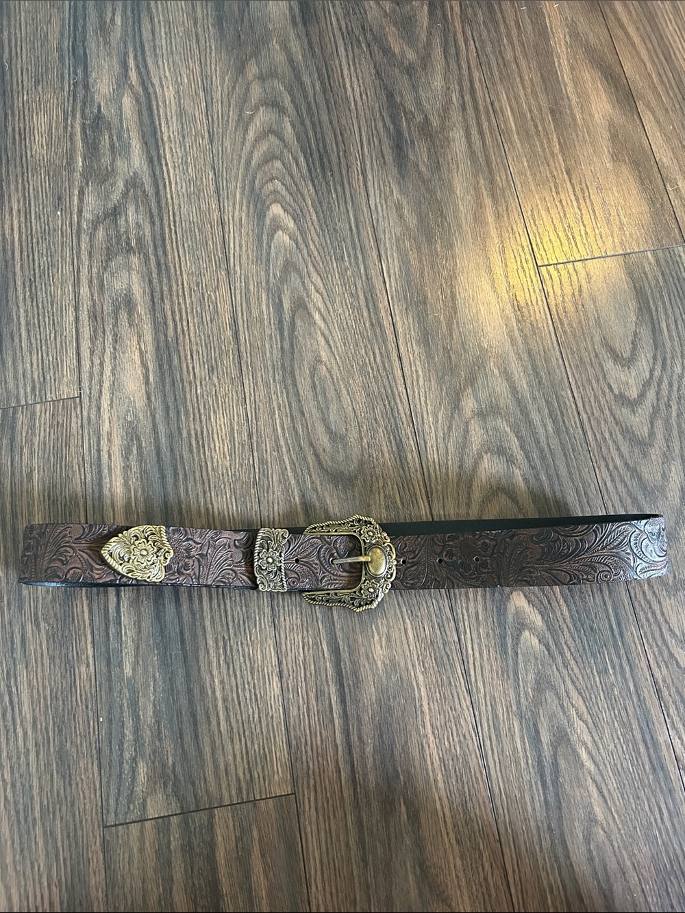 Tooled Brown Leather Belt with Ornate Gold Buckle